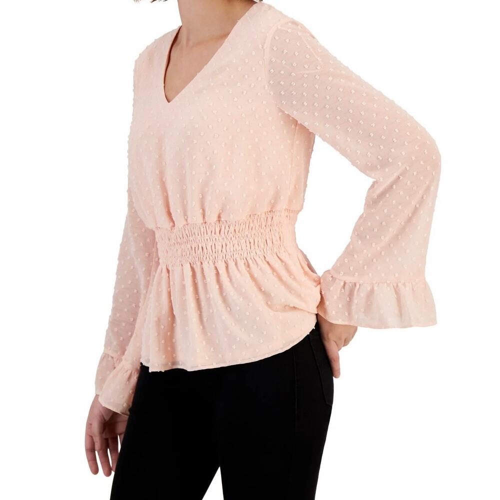 Fever Smocked Waist Long Bell-Sleeve Clip-Dot Blouse Top Pink Sz XL Cottagecore - Picture 12 of 12